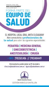 Chaves: El Hospital Anita Eliçagaray abre convocatoria a profesionales de salud
