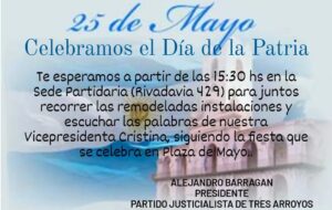 El PJ tresarroyense convoca a ver el acto del 25 de Mayo en su sede