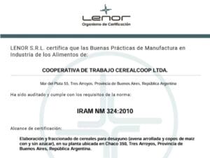 Cerealcoop recibió certificación por la elaboración de sus productos