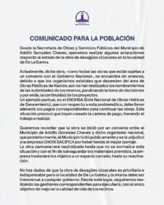 Chaves:  Comunicado de la Secretaría de Obras y Servicios Públicos