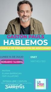 Gastón Pauls brindará en Tres Arroyos charla abierta sobre adicciones y recuperación (video)