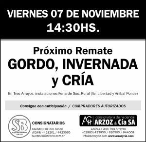 Este viernes, un nuevo remate de Arzoz y Compañía S.A