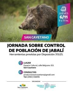San Cayetano: Jornada sobre control de población de jabalí