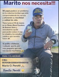 Mario Perotti necesita de la ayuda de los tresarroyenses