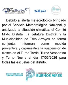 Suspenden clases en turno tarde y noche en Tres Arroyos