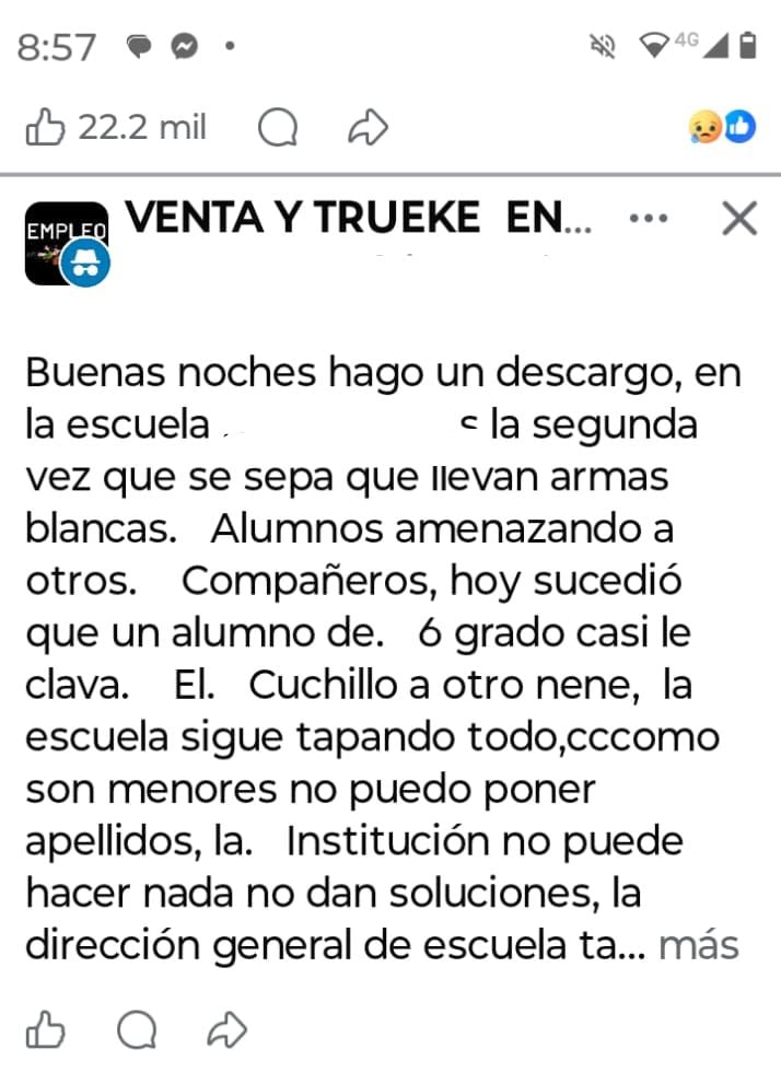 Violencia en las escuelas, preocupación de padres, vista a un costado de autoridades. Justicia desinformada