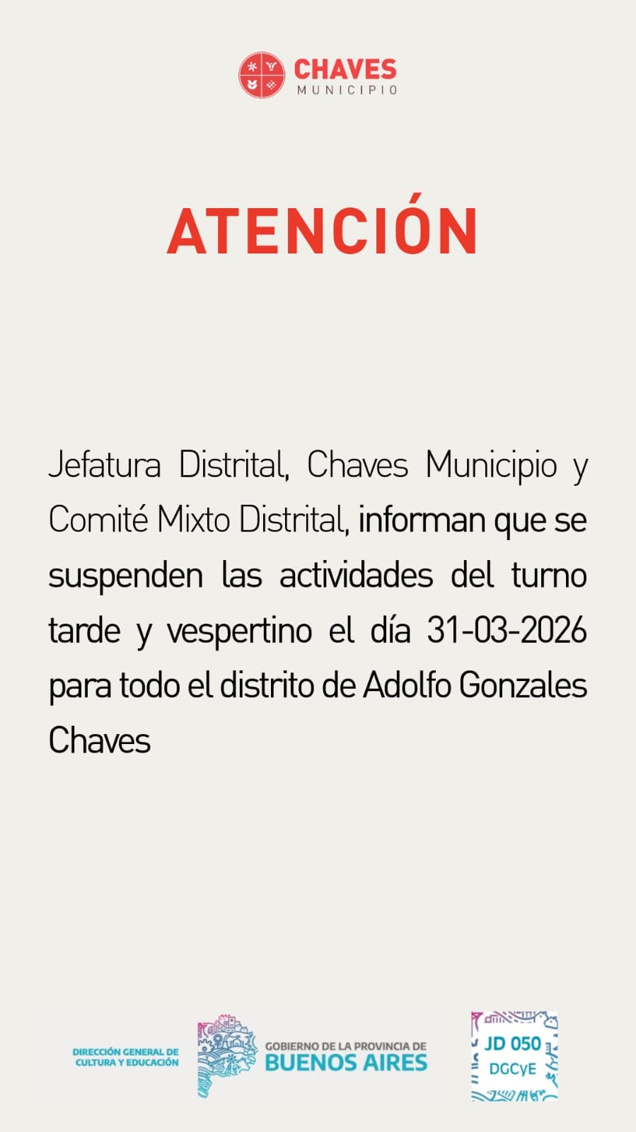 Suspensión de clases en Adolfo Gonzales Chaves