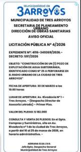 La Municipalidad licita la construcción de un nuevo pozo de agua