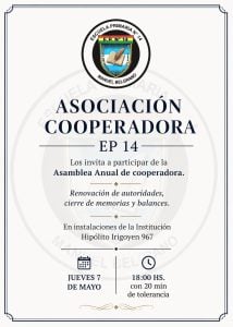 Escuela 14: Convocan a Asamblea Anual de Cooperadora
