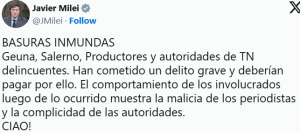 “Basuras inmundas”: el nuevo ataque de Milei contra los periodistas Geuna y Barbano