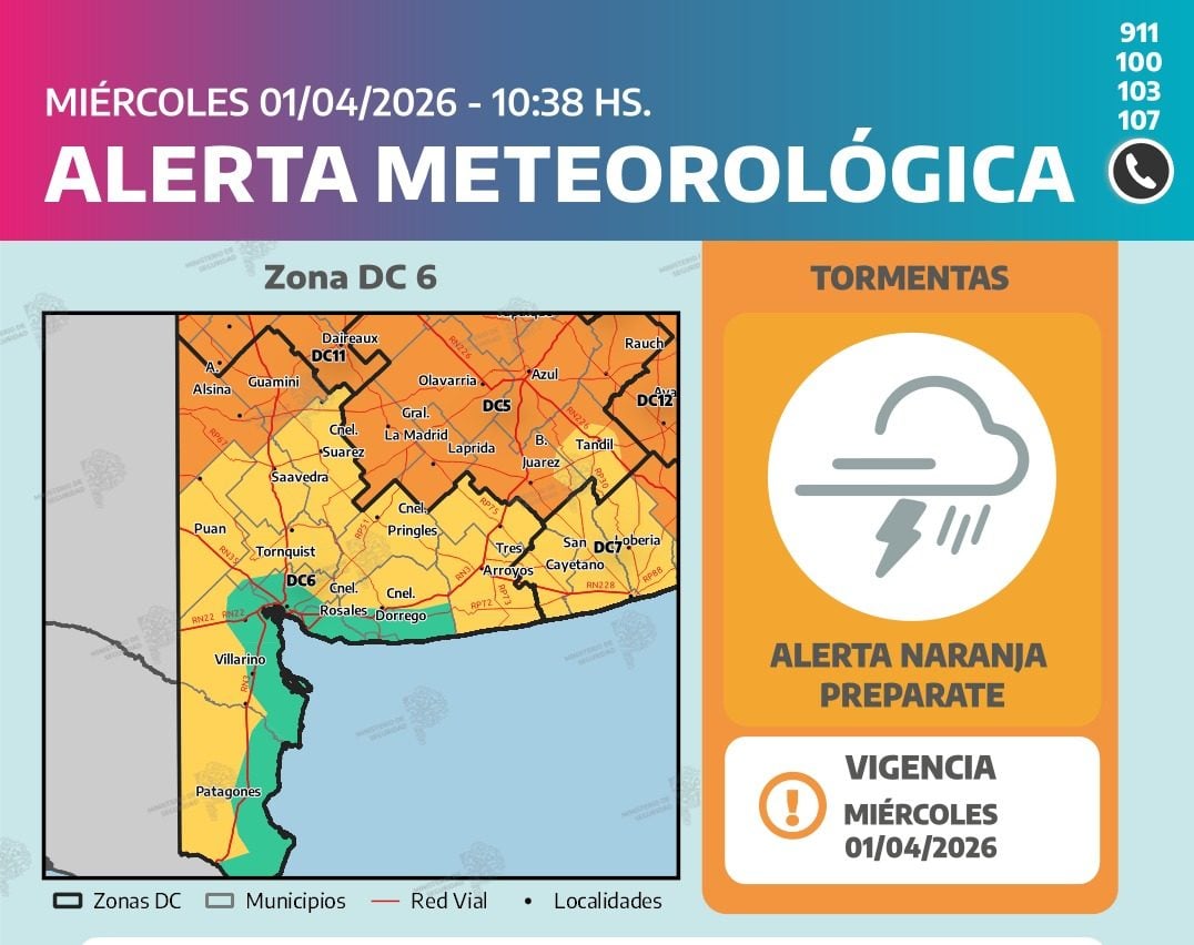 Alerta naranja por tormenta para este miércoles por la tarde / noche