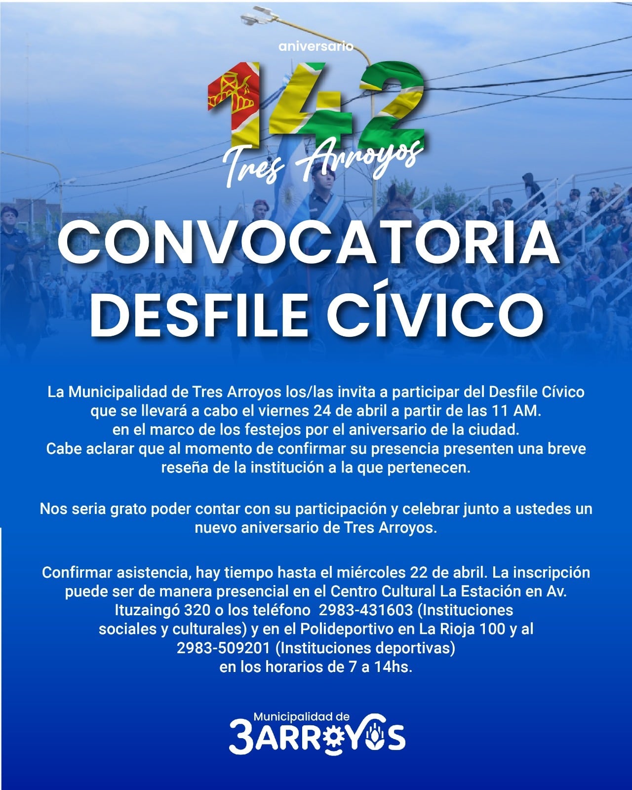 Invitan al Desfile Cívico por el Aniversario 142º de Tres Arroyos
