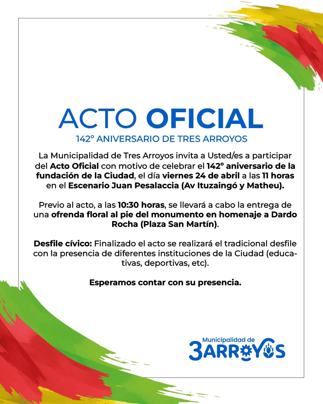 Tres Arroyos celebra su 142° aniversario con actividades para toda la comunidad