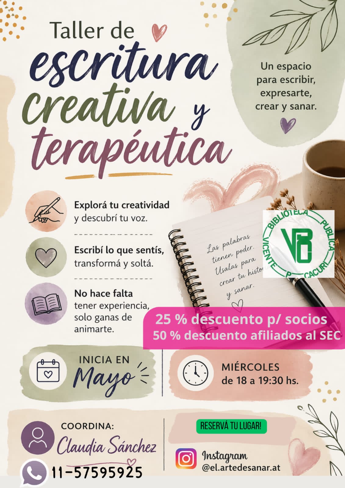 Taller de escritura creativa y terapéutica en la Biblioteca Cacuri