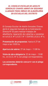 El Consejo Escolar de Chaves convoca al segundo llamado para refacciones en escuelas