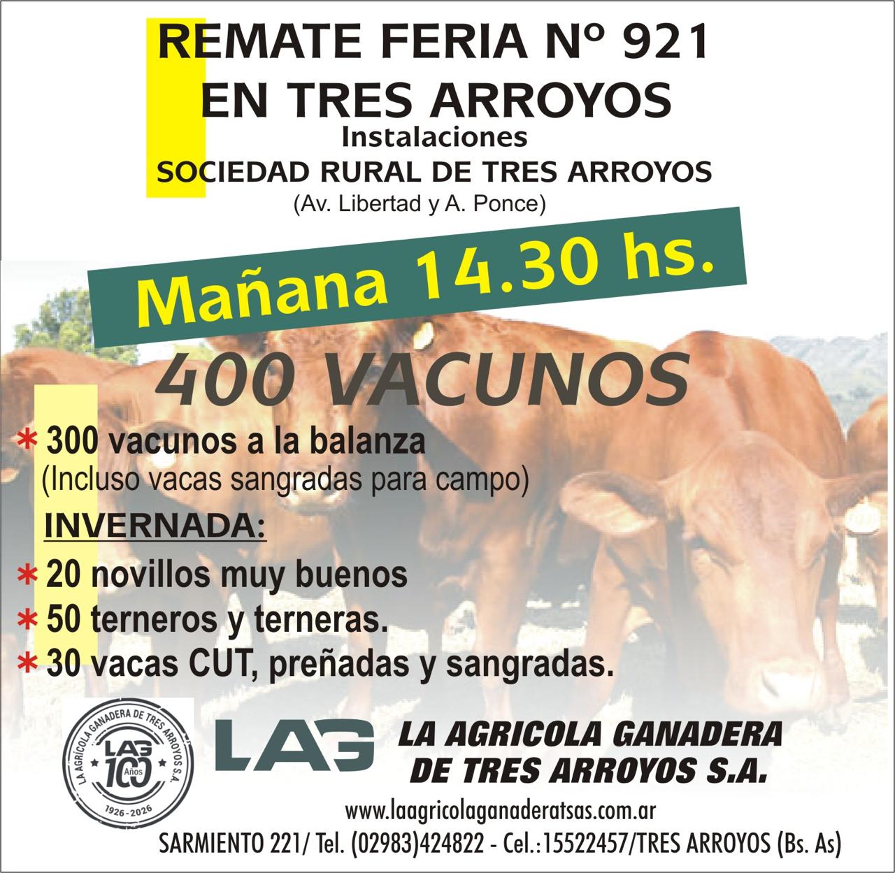 La Agrícola Ganadera remata este martes en la Feria de la Rural Tres Arroyos