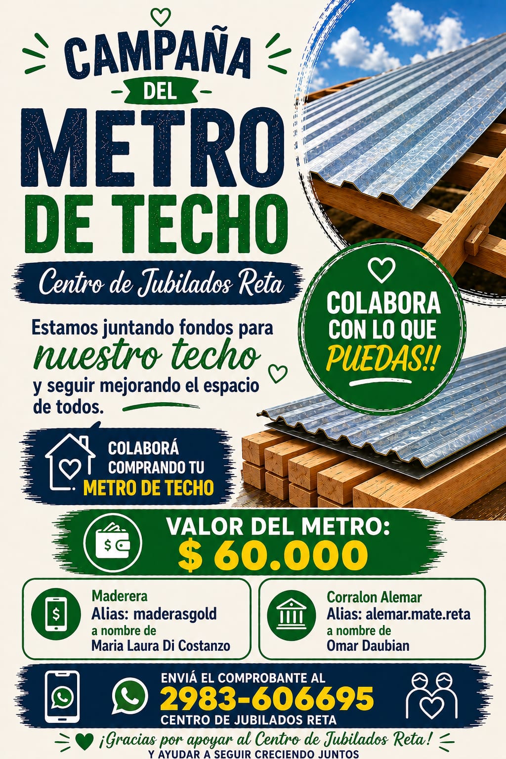 Centro de Jubilados de Reta: continúan juntando fondos para el techo