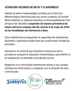 Suspenden clases en turno mañana en Claromecó y Reta