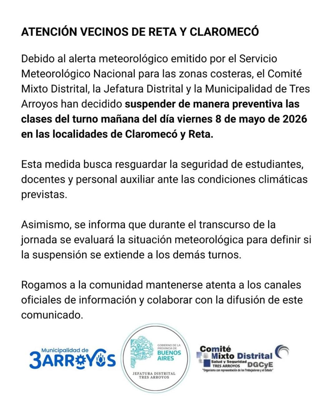 Suspenden clases en turno mañana en Claromecó y Reta