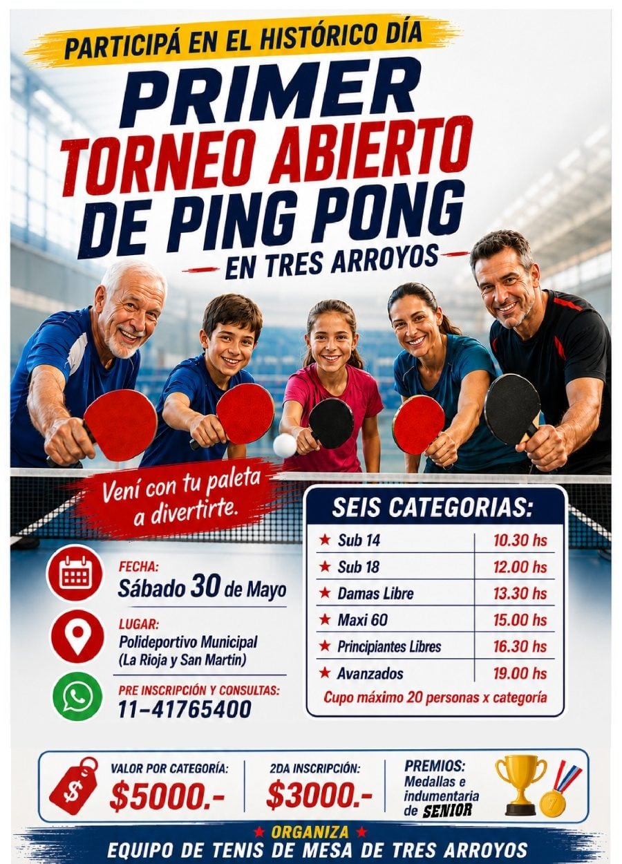 Se viene el Primer Gran Torneo de Ping Pong en Tres Arroyos