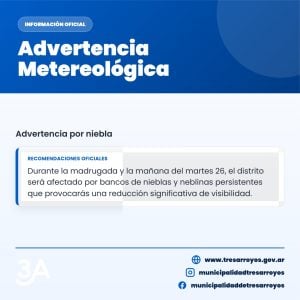 Advertencia por presencia de niebla en Tres Arroyos y zona para este martes