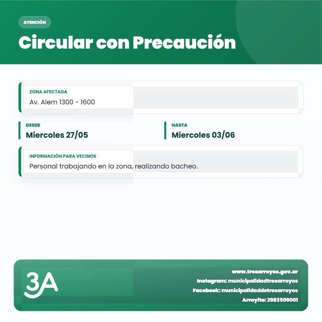 Alem 1300 al 1600: precaución al circular por bacheo