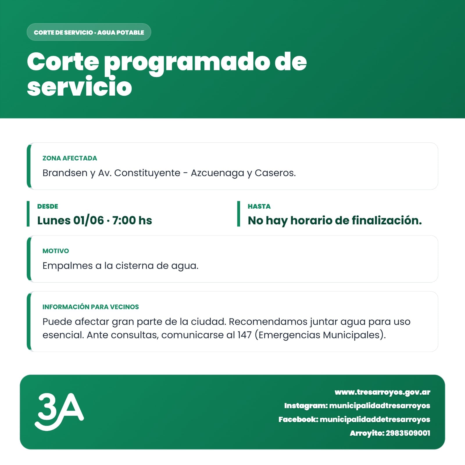 Nuevo corte de servicio de agua por empalmes a la cisterna