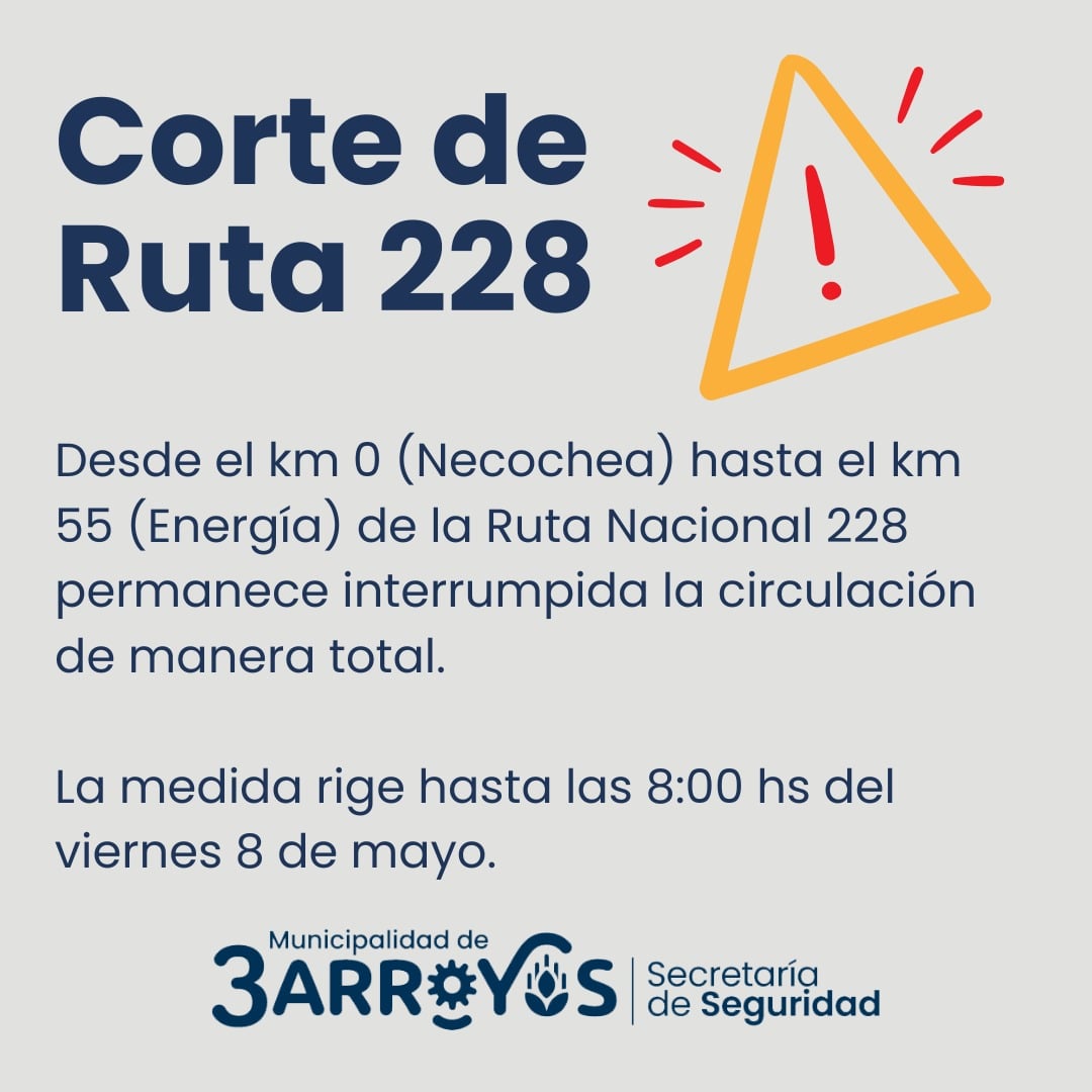 Ruta 228, cortada hasta las 8:00 del viernes entre Necochea y Energía