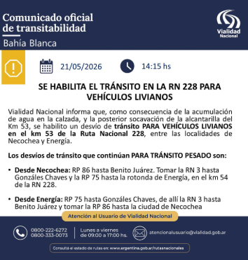 Vialidad confirmó permiso de tránsito a vehículos livianos por la 228
