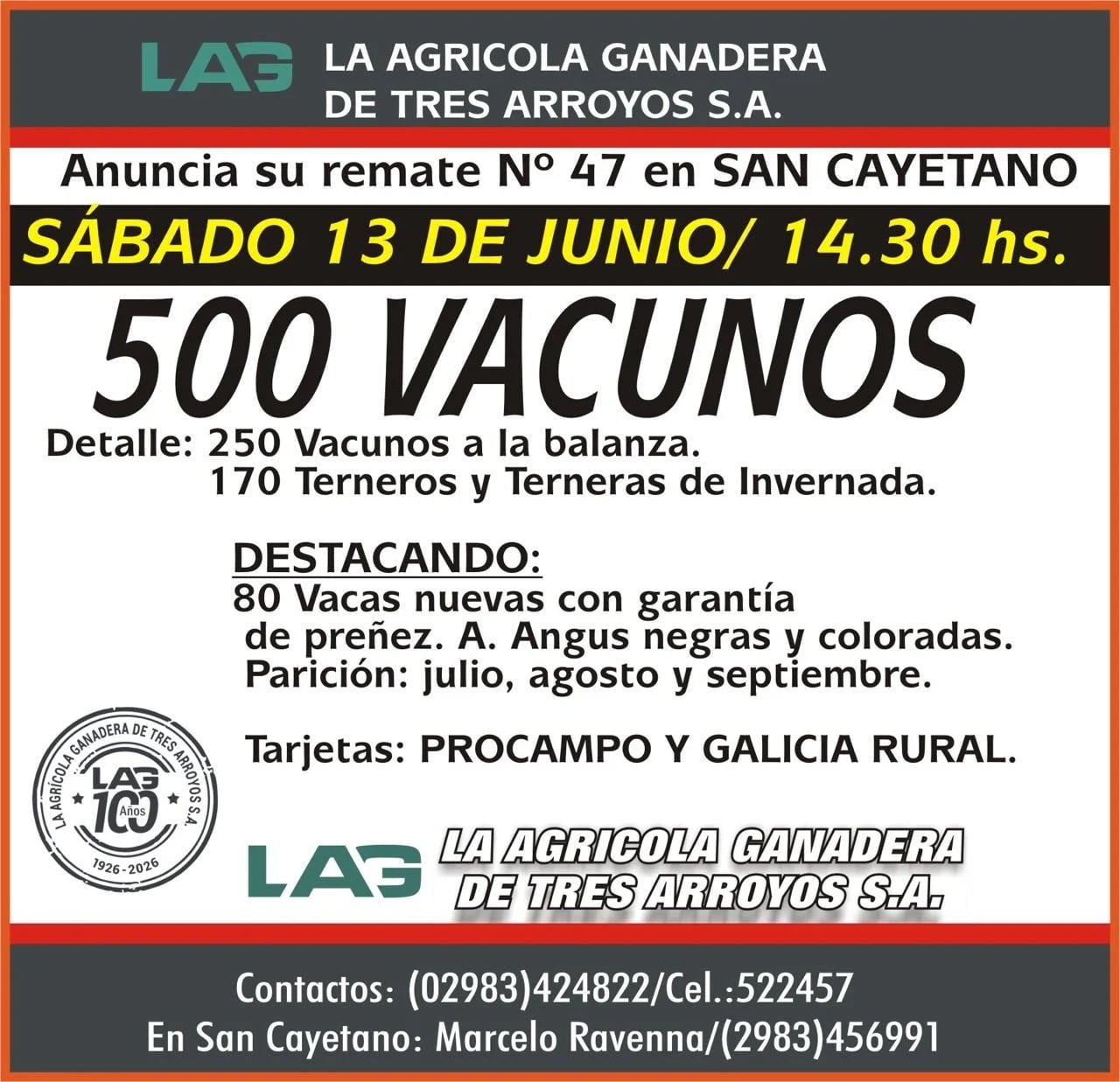 La Agrícola Ganadera confirma el remate de este sábado en San Cayetano