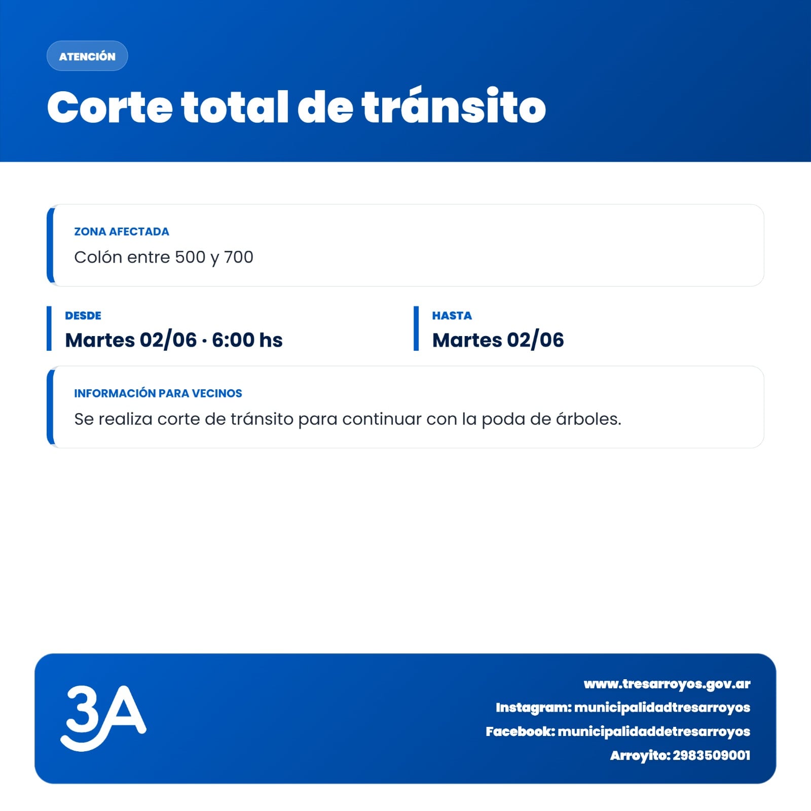 Corte de Tránsito en Colón, circular con precaución