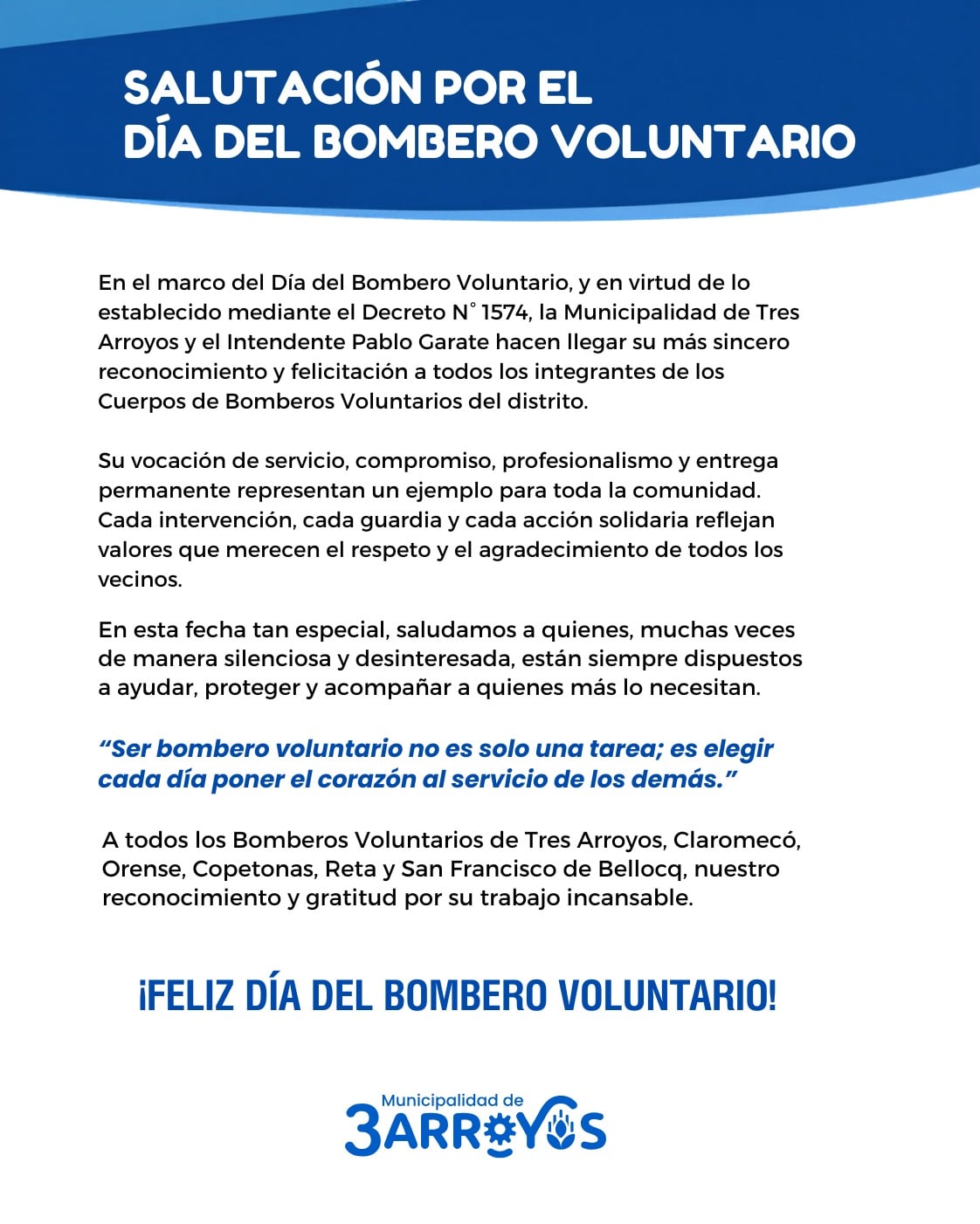 Salutación del Municipio por el Dia del Bombero Voluntario