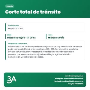 Por trabajos de poda, habrá corte total de transito en Maipú 100 – 300