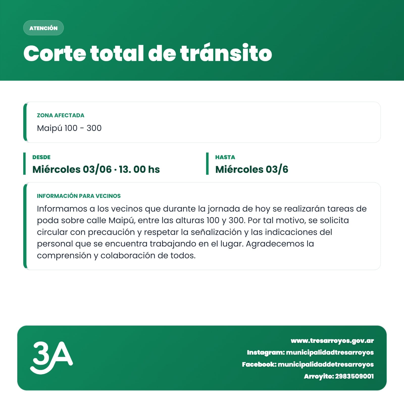 Por trabajos de poda, habrá corte total de transito en Maipú 100 - 300