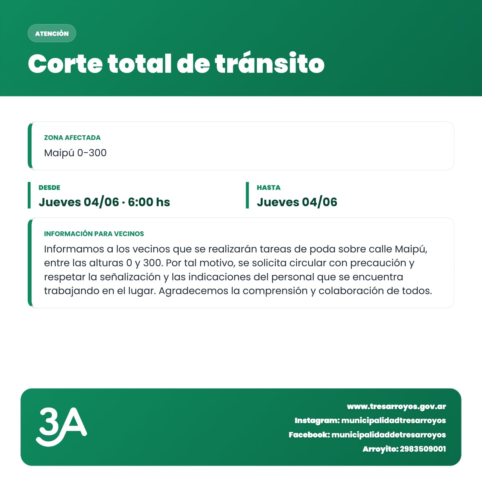Corte total de tránsito por poda en Maipú del 0 al 300