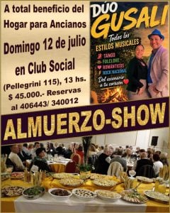 12 de julio: almuerzo-show a cargo de la Sociedad Damas de Beneficiencia