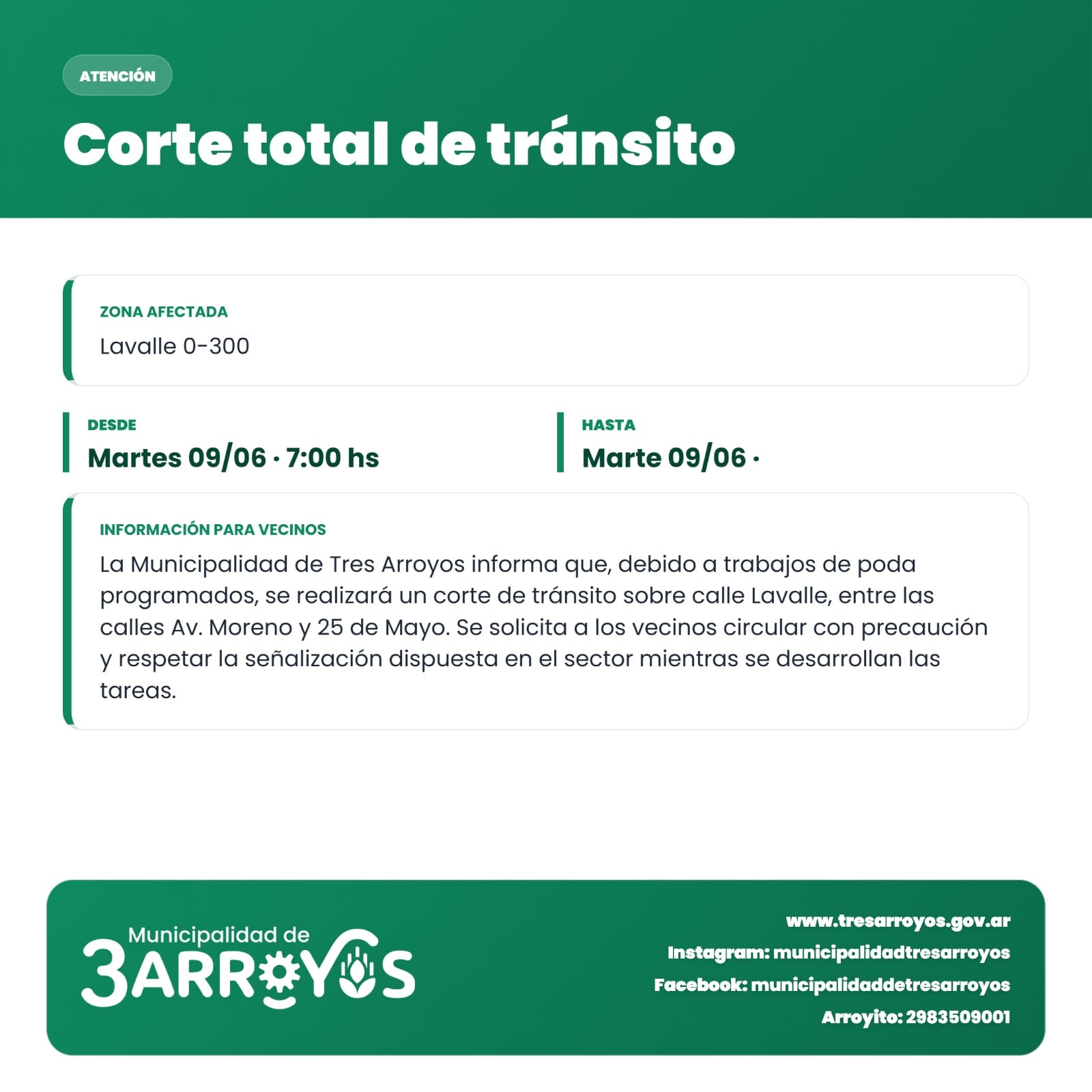 Por trabajos de poda, se efectúa un corte de transito en Lavalle 0 al 300