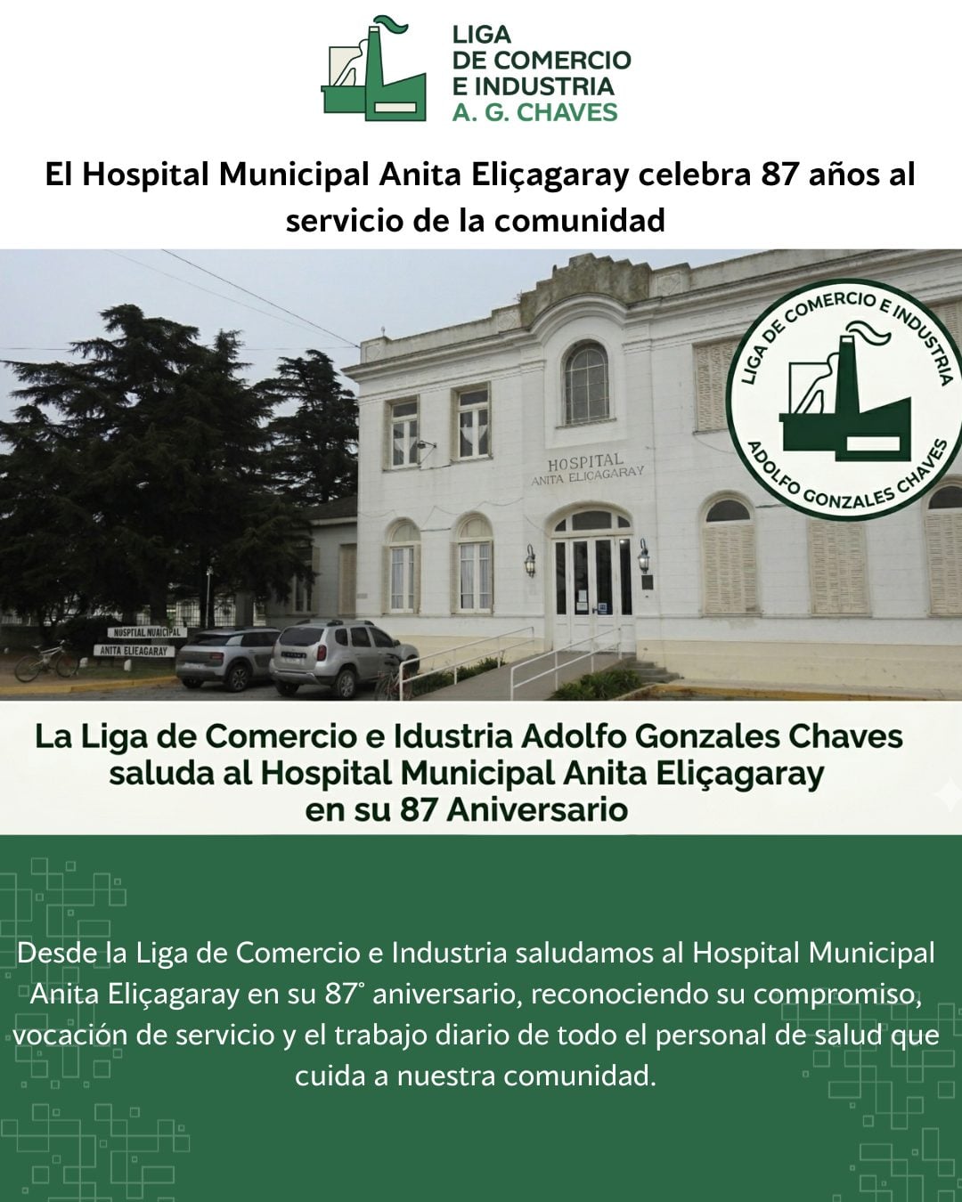 Chaves: Saludo de la Liga de Comercio al Hospital por el Aniversario