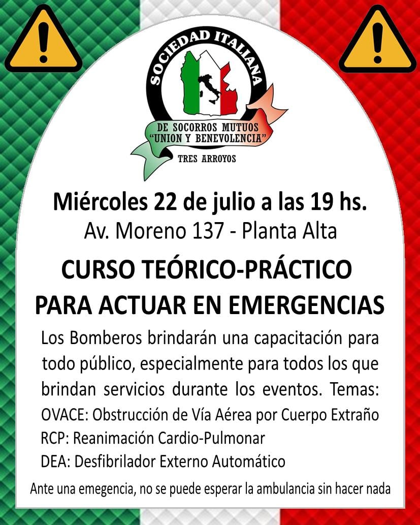 Bomberos darán un curso de Emergencias en la Sociedad Italiana