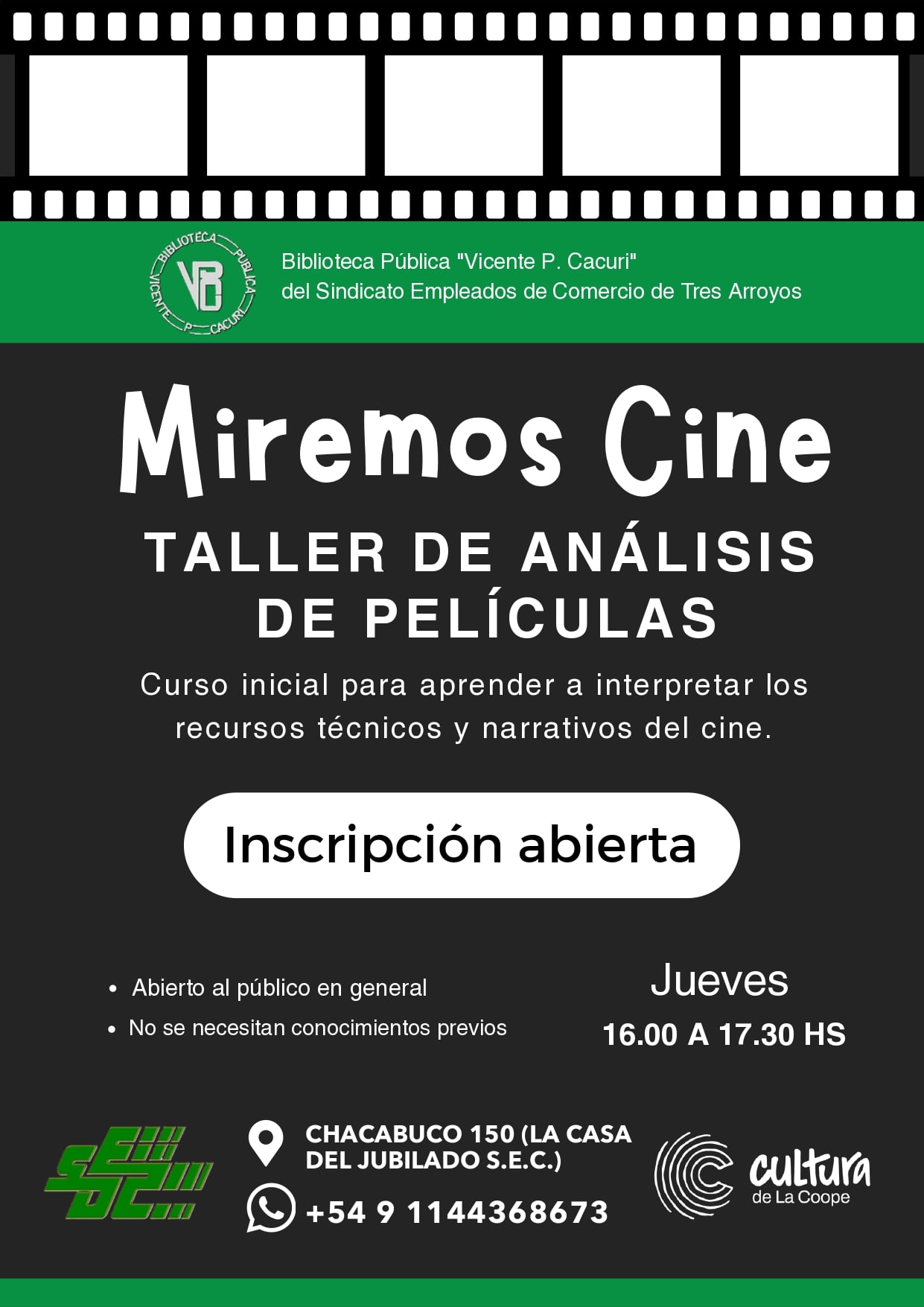 La Biblioteca Cacuri abre la inscripción para el taller “Miremos Cine”