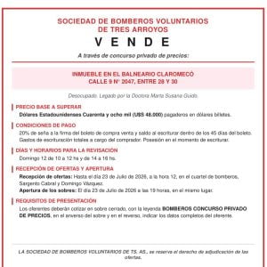 Legado para los Bomberos de Tres Arroyos: venden una casa en Claromecó (audio)