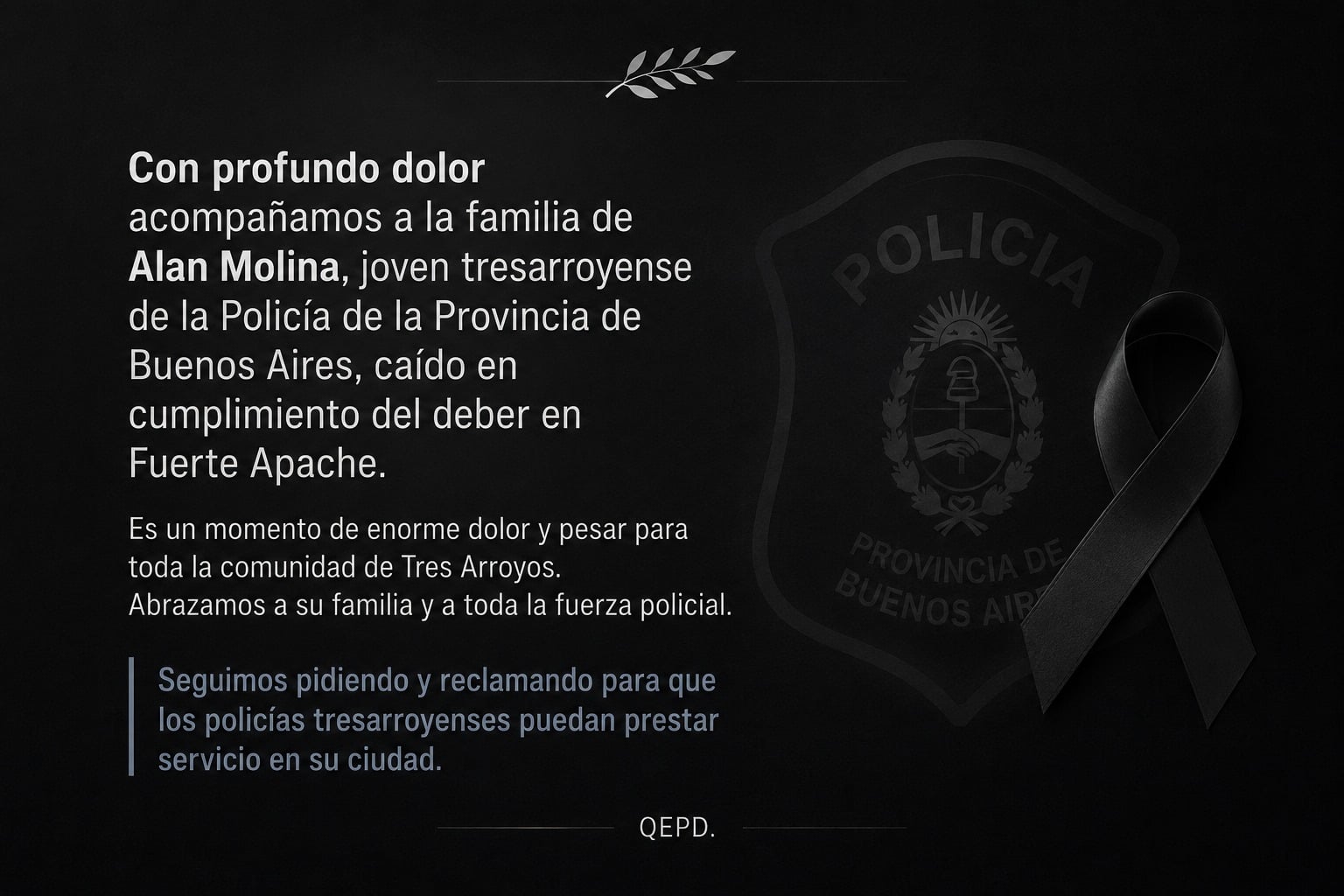 Tres Arroyos decretó duelo por el fallecimiento del oficial Alan Molina