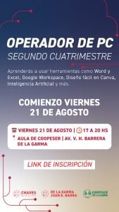 Abierta la inscripción para el segundo cuatrimestre del curso de Operador de PC en De La Garma