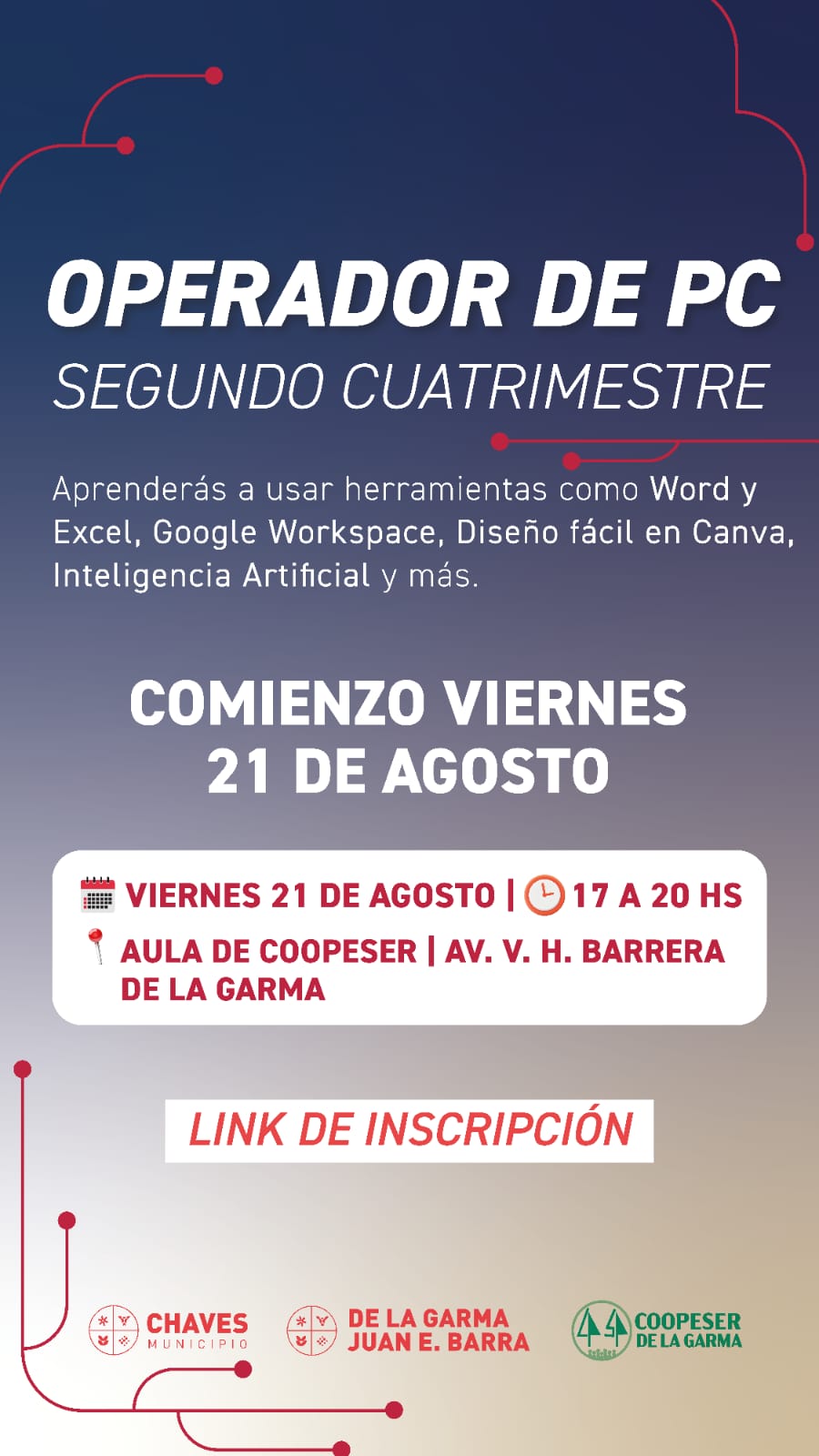 Abierta la inscripción para el segundo cuatrimestre del curso de Operador de PC en De La Garma