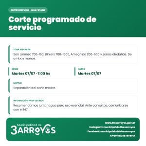 Este martes, corte programado de agua potable por reparación de caño madre