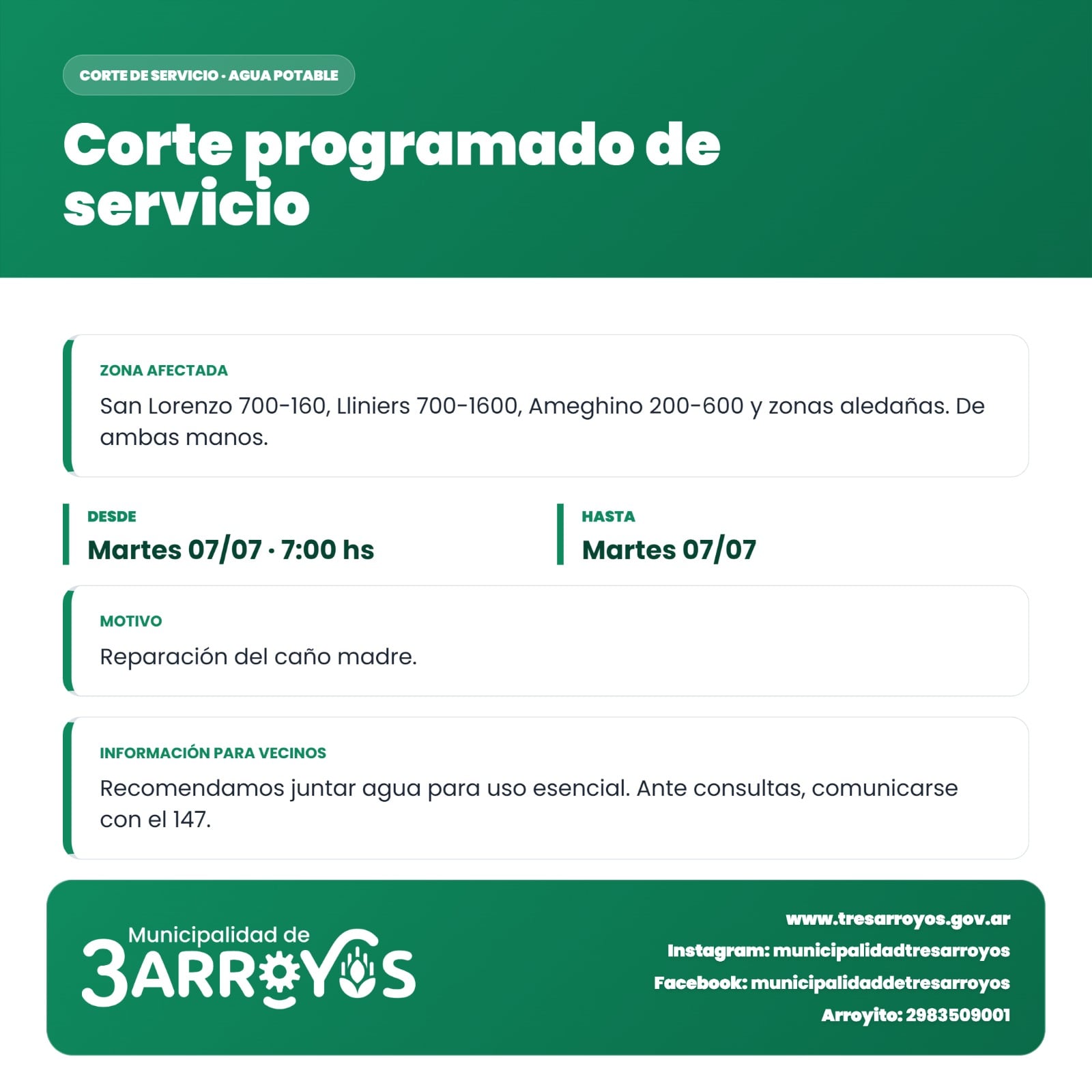Este martes, corte programado de agua potable por reparación de caño madre